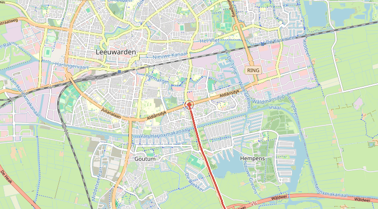 Kaart van de omgeving van de melding, met de kazerne die is gealarmeerd