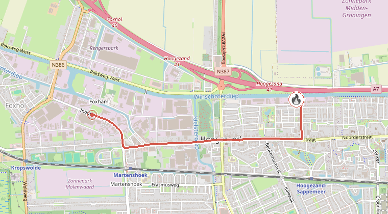 Kaart van de omgeving van de melding, met de kazerne die is gealarmeerd