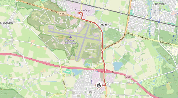 Kaart van de omgeving van de melding, met de kazerne die is gealarmeerd