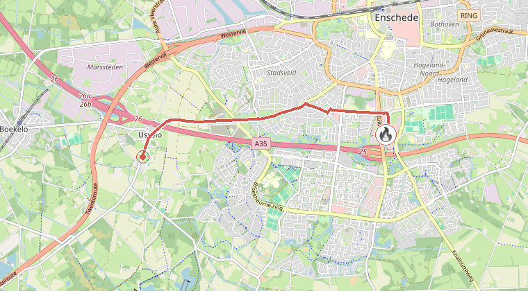 Kaart van de omgeving van de melding, met de kazerne die is gealarmeerd