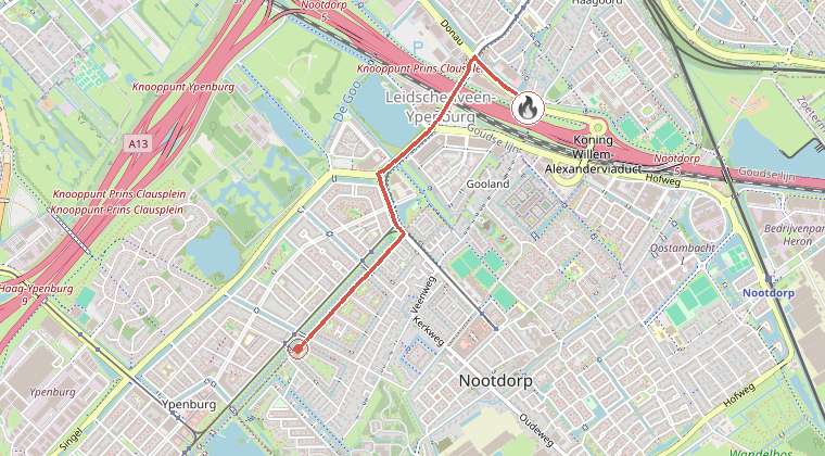 Kaart van de omgeving van de melding, met de kazerne die is gealarmeerd