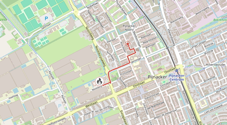 Kaart van de omgeving van de melding, met de kazerne die is gealarmeerd