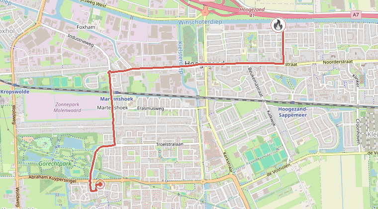 Kaart van de omgeving van de melding, met de kazerne die is gealarmeerd