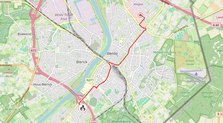 Kaart van de omgeving van de melding, met de kazerne die is gealarmeerd