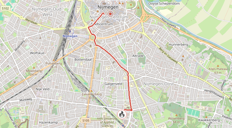 Kaart van de omgeving van de melding, met de kazerne die is gealarmeerd