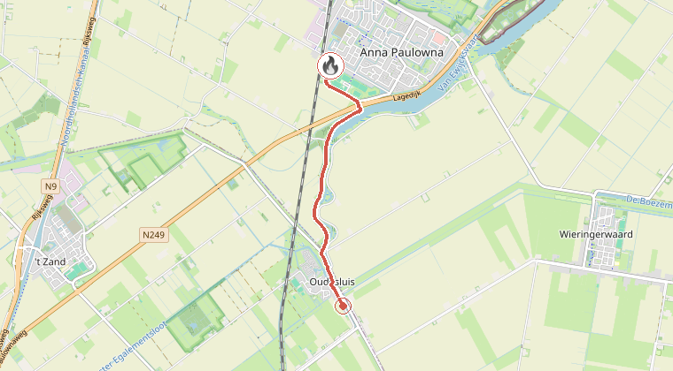 Kaart van de omgeving van de melding, met de kazerne die is gealarmeerd