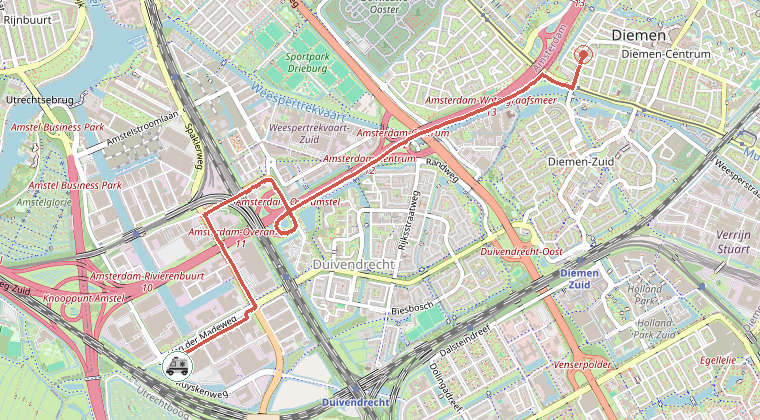 Kaart van de omgeving van de melding, met de kazerne die is gealarmeerd