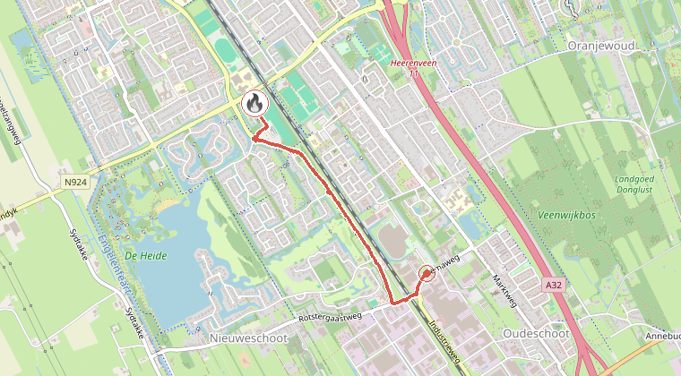 Kaart van de omgeving van de melding, met de kazerne die is gealarmeerd