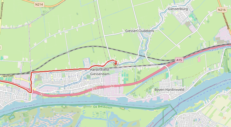 Kaart van de omgeving van de melding, met de kazerne die is gealarmeerd