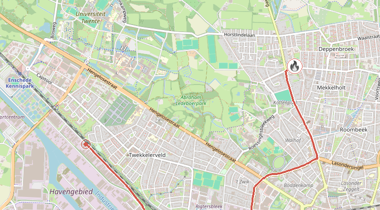 Kaart van de omgeving van de melding, met de kazerne die is gealarmeerd