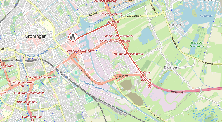 Kaart van de omgeving van de melding, met de kazerne die is gealarmeerd