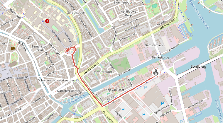 Kaart van de omgeving van de melding, met de kazerne die is gealarmeerd