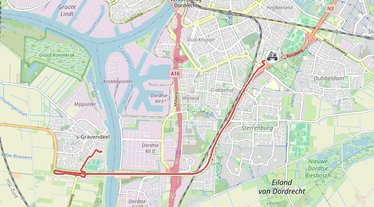 Kaart van de omgeving van de melding, met de kazerne die is gealarmeerd