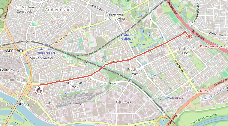 Kaart van de omgeving van de melding, met de kazerne die is gealarmeerd
