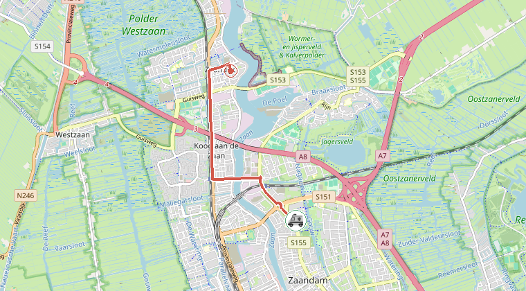 Kaart van de omgeving van de melding, met de kazerne die is gealarmeerd