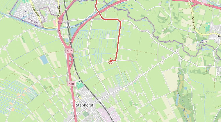 Kaart van de omgeving van de melding, met de kazerne die is gealarmeerd