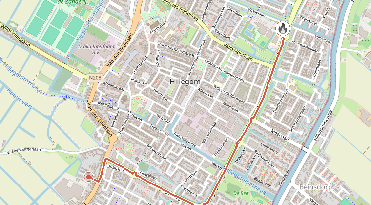 Kaart van de omgeving van de melding, met de kazerne die is gealarmeerd