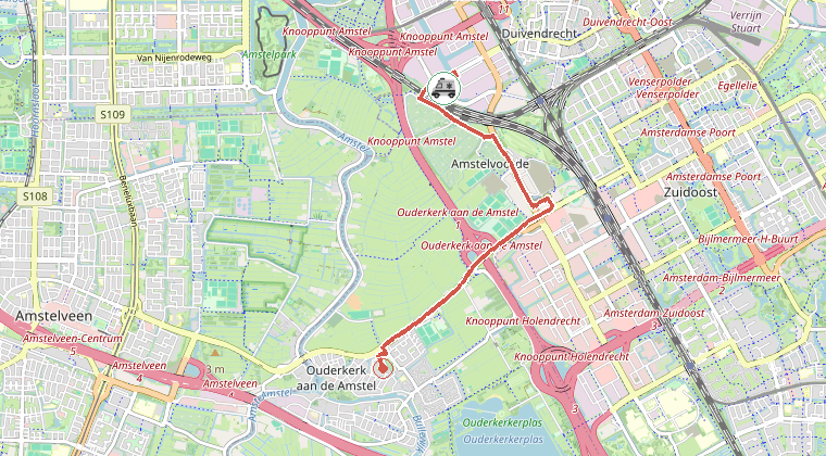 Kaart van de omgeving van de melding, met de kazerne die is gealarmeerd