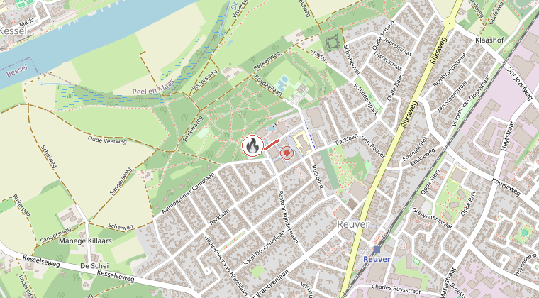 Kaart van de omgeving van de melding, met de kazerne die is gealarmeerd