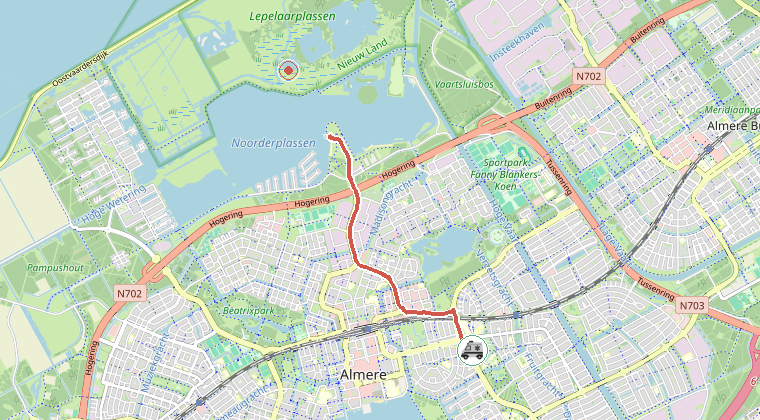 Kaart van de omgeving van de melding, met de kazerne die is gealarmeerd