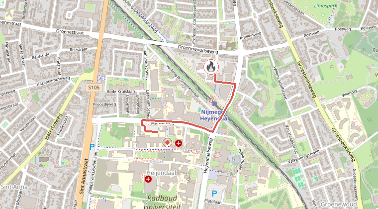 Kaart van de omgeving van de melding, met de kazerne die is gealarmeerd