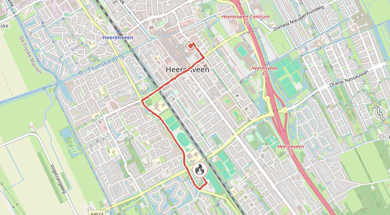 Kaart van de omgeving van de melding, met de kazerne die is gealarmeerd