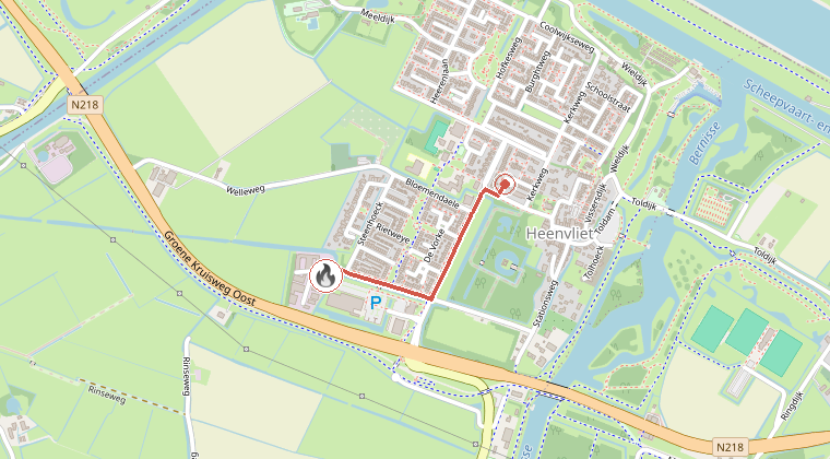 Kaart van de omgeving van de melding, met de kazerne die is gealarmeerd