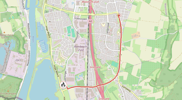 Kaart van de omgeving van de melding, met de kazerne die is gealarmeerd