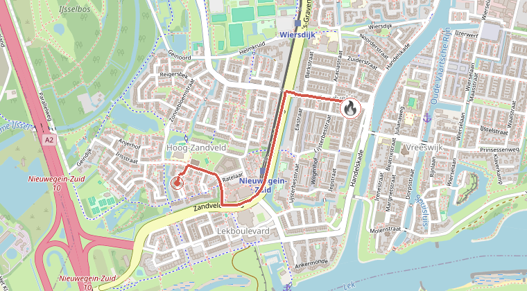 Kaart van de omgeving van de melding, met de kazerne die is gealarmeerd