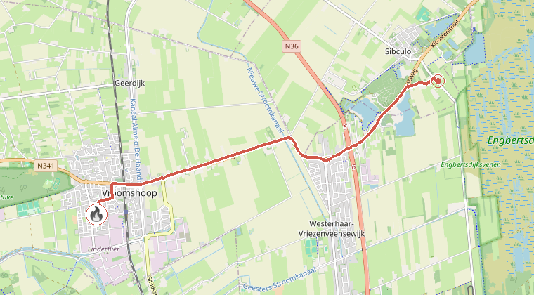 Kaart van de omgeving van de melding, met de kazerne die is gealarmeerd