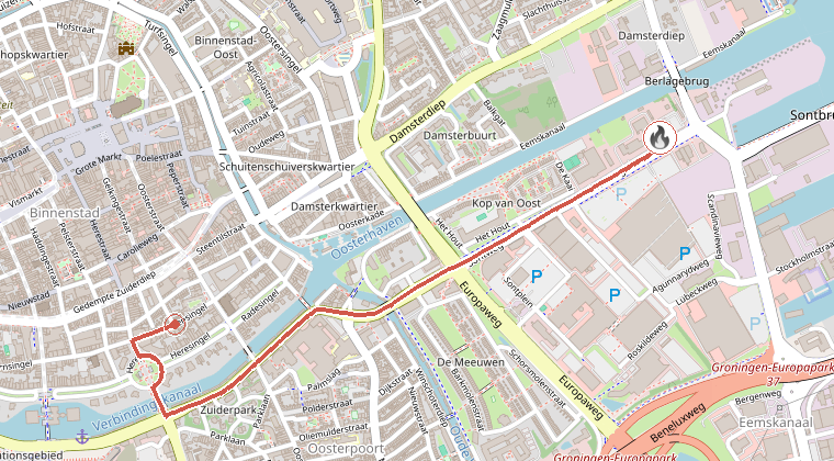 Kaart van de omgeving van de melding, met de kazerne die is gealarmeerd