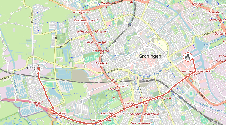 Kaart van de omgeving van de melding, met de kazerne die is gealarmeerd