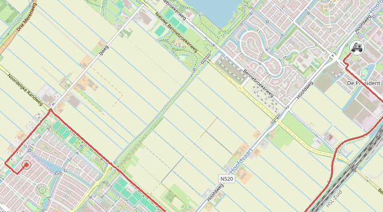 Kaart van de omgeving van de melding, met de kazerne die is gealarmeerd