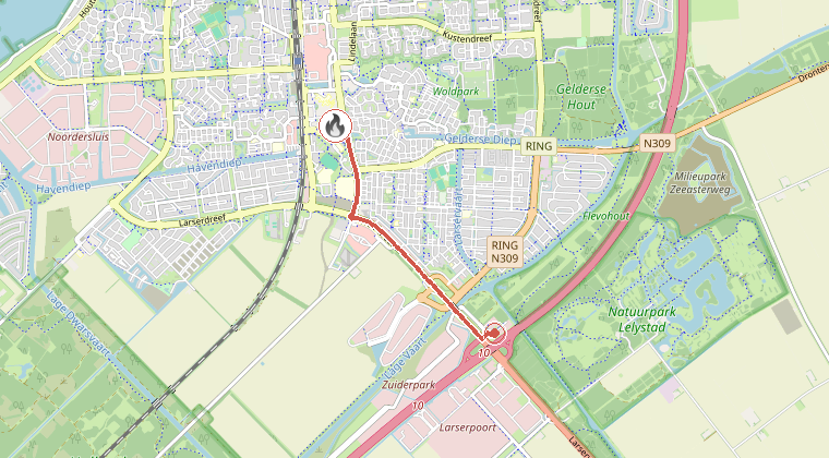 Kaart van de omgeving van de melding, met de kazerne die is gealarmeerd