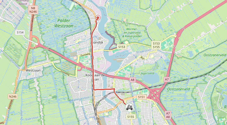 Kaart van de omgeving van de melding, met de kazerne die is gealarmeerd
