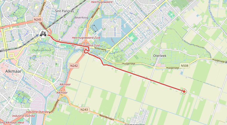 Kaart van de omgeving van de melding, met de kazerne die is gealarmeerd