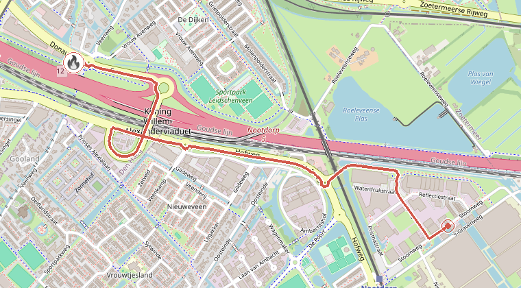 Kaart van de omgeving van de melding, met de kazerne die is gealarmeerd