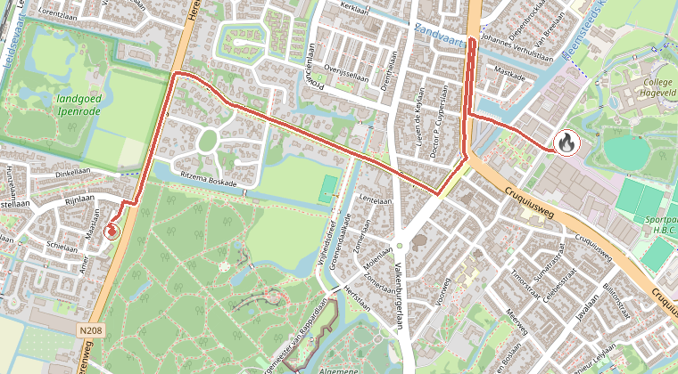 Kaart van de omgeving van de melding, met de kazerne die is gealarmeerd