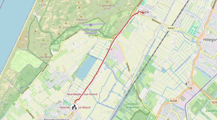 Kaart van de omgeving van de melding, met de kazerne die is gealarmeerd
