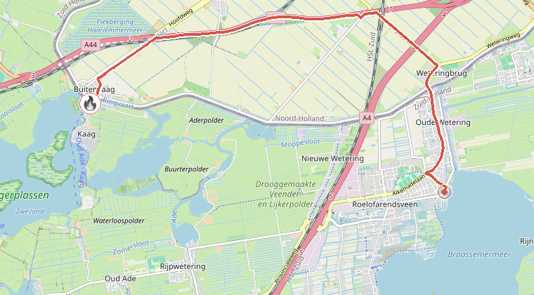 Kaart van de omgeving van de melding, met de kazerne die is gealarmeerd