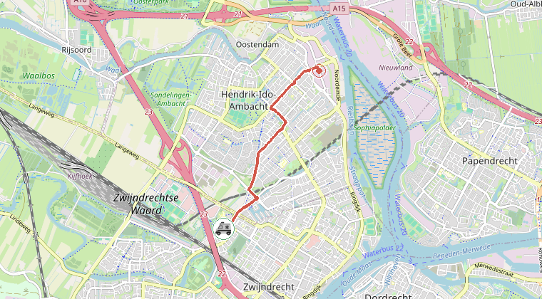 Kaart van de omgeving van de melding, met de kazerne die is gealarmeerd