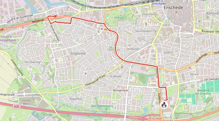Kaart van de omgeving van de melding, met de kazerne die is gealarmeerd