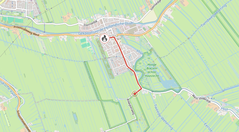 Kaart van de omgeving van de melding, met de kazerne die is gealarmeerd