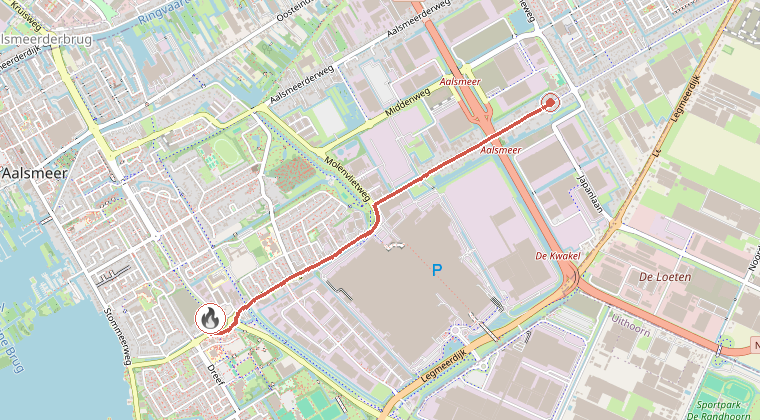 Kaart van de omgeving van de melding, met de kazerne die is gealarmeerd