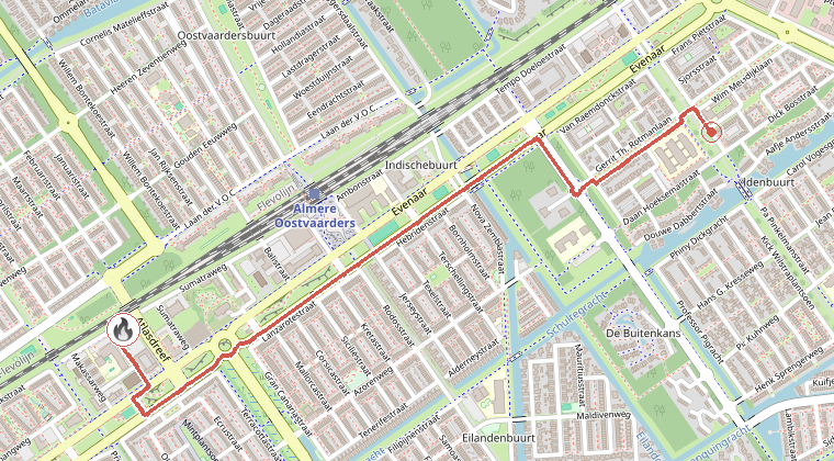 Kaart van de omgeving van de melding, met de kazerne die is gealarmeerd
