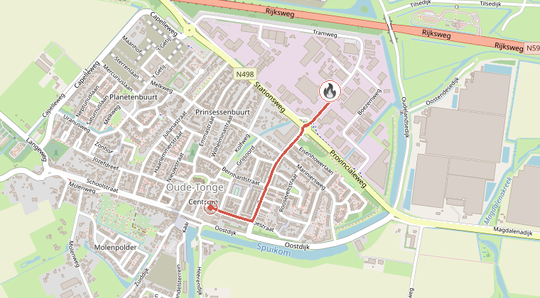 Kaart van de omgeving van de melding, met de kazerne die is gealarmeerd