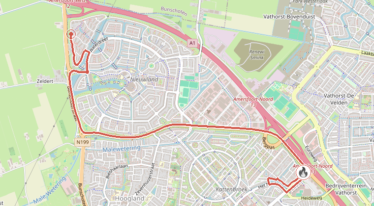Kaart van de omgeving van de melding, met de kazerne die is gealarmeerd