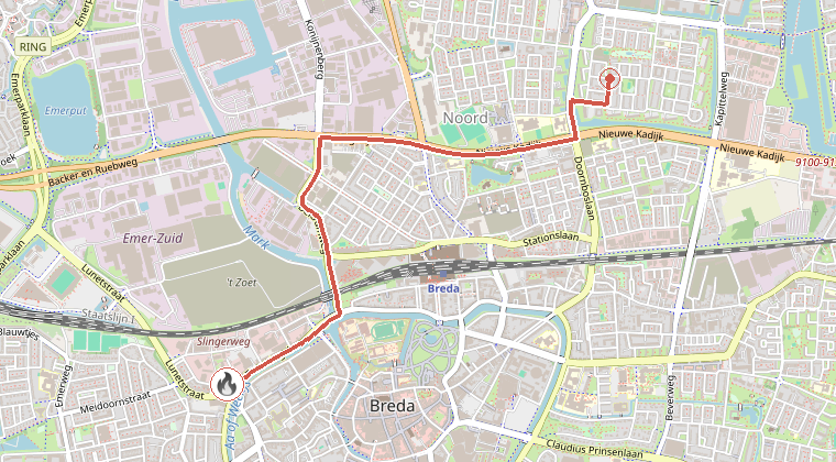 Kaart van de omgeving van de melding, met de kazerne die is gealarmeerd
