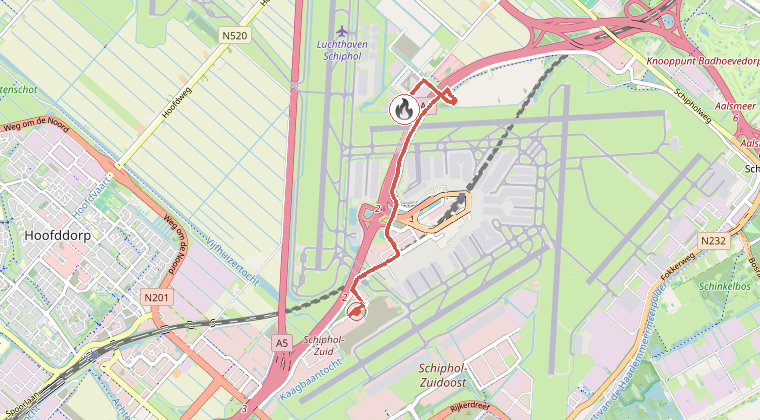 Kaart van de omgeving van de melding, met de kazerne die is gealarmeerd
