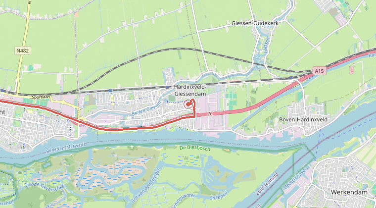 Kaart van de omgeving van de melding, met de kazerne die is gealarmeerd